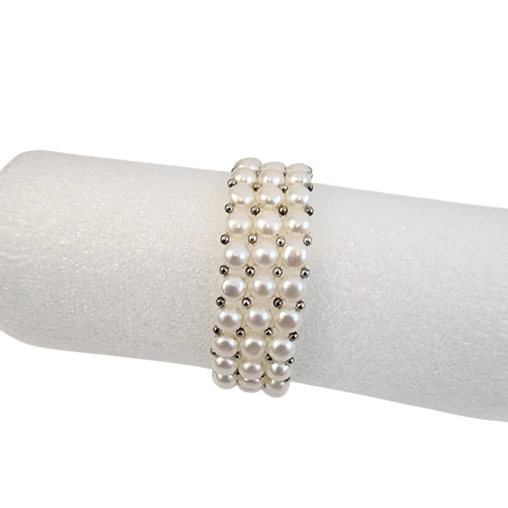 White Pearl Bracelet 3 Tiers Silver Beads Genuine Pearls Art Deco + A0362 Q7